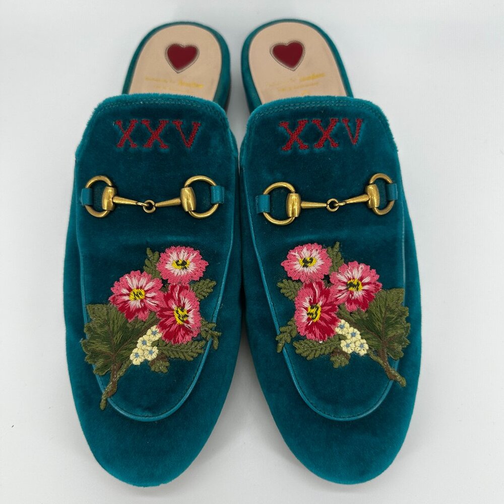Gucci Velvet Floral Embroidered Princetown Slippers, Size 39.5
